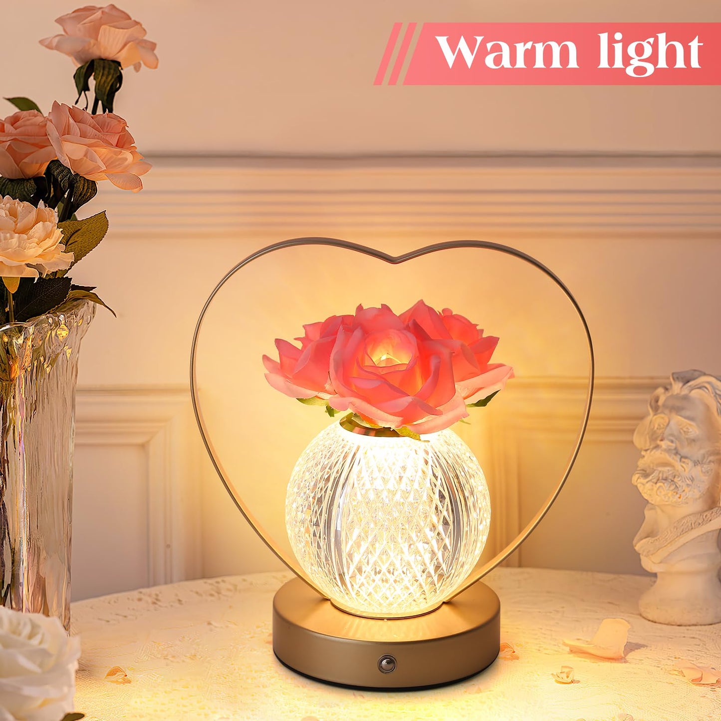 AMWGIMI Gifts for Mom,Rose Flower Lamp,Rechargeable Cordless Touch Lamp,3-Colour Infinitely Dimming Battery Powered Small Lamp,Unique Gifts for Valentine,Mothers,Xmas,Birthday