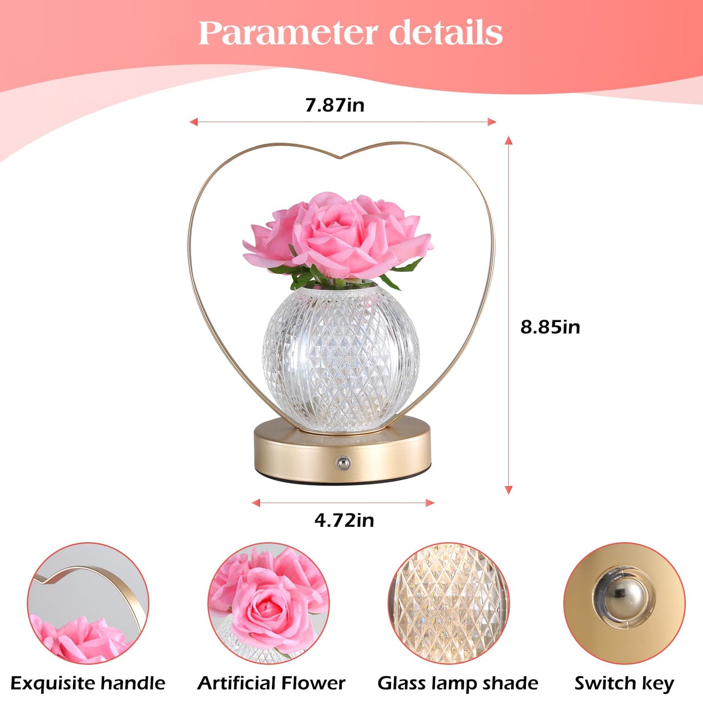 AMWGIMI Gifts for Mom,Rose Flower Lamp,Rechargeable Cordless Touch Lamp,3-Colour Infinitely Dimming Battery Powered Small Lamp,Unique Gifts for Valentine,Mothers,Xmas,Birthday