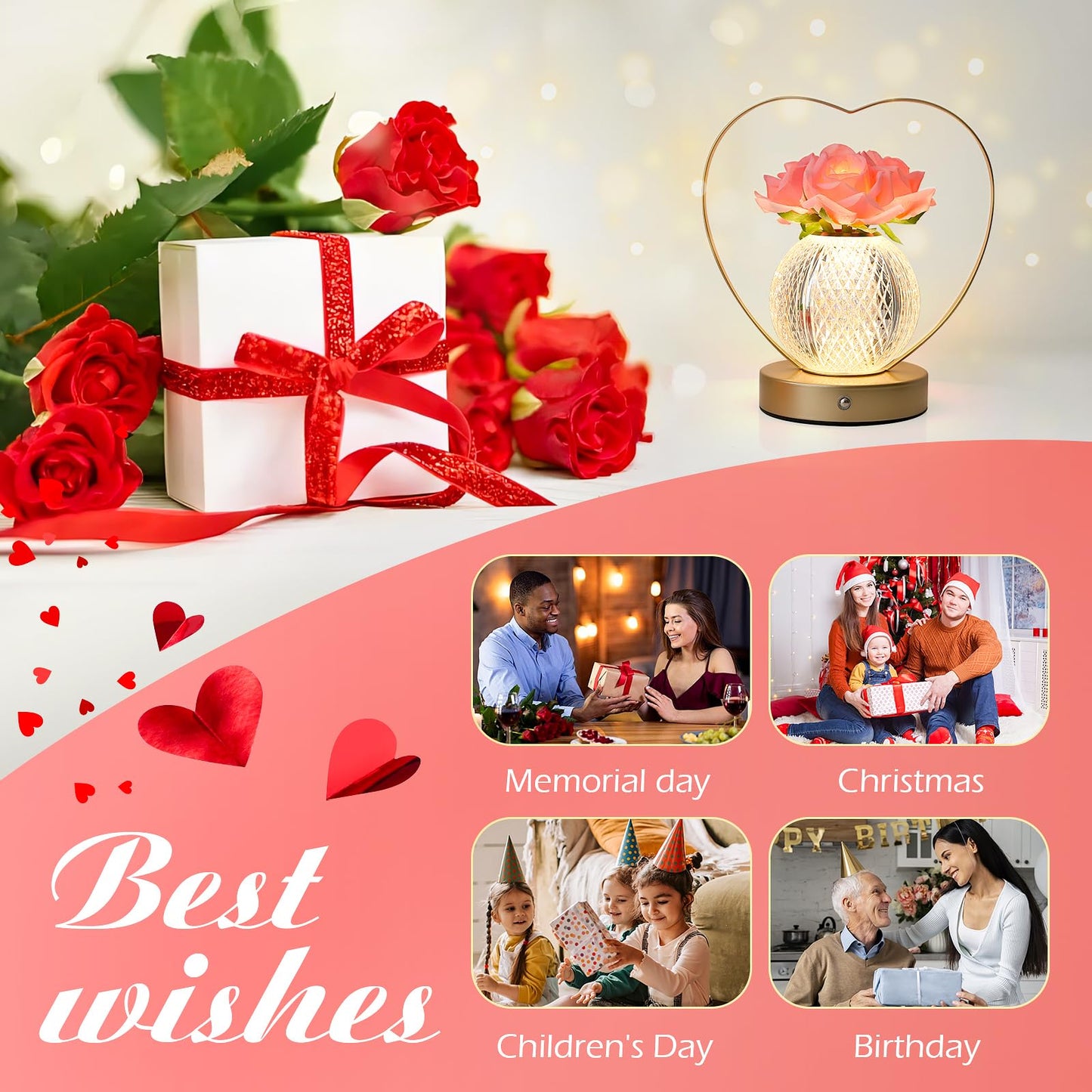 AMWGIMI Gifts for Mom,Rose Flower Lamp,Rechargeable Cordless Touch Lamp,3-Colour Infinitely Dimming Battery Powered Small Lamp,Unique Gifts for Valentine,Mothers,Xmas,Birthday