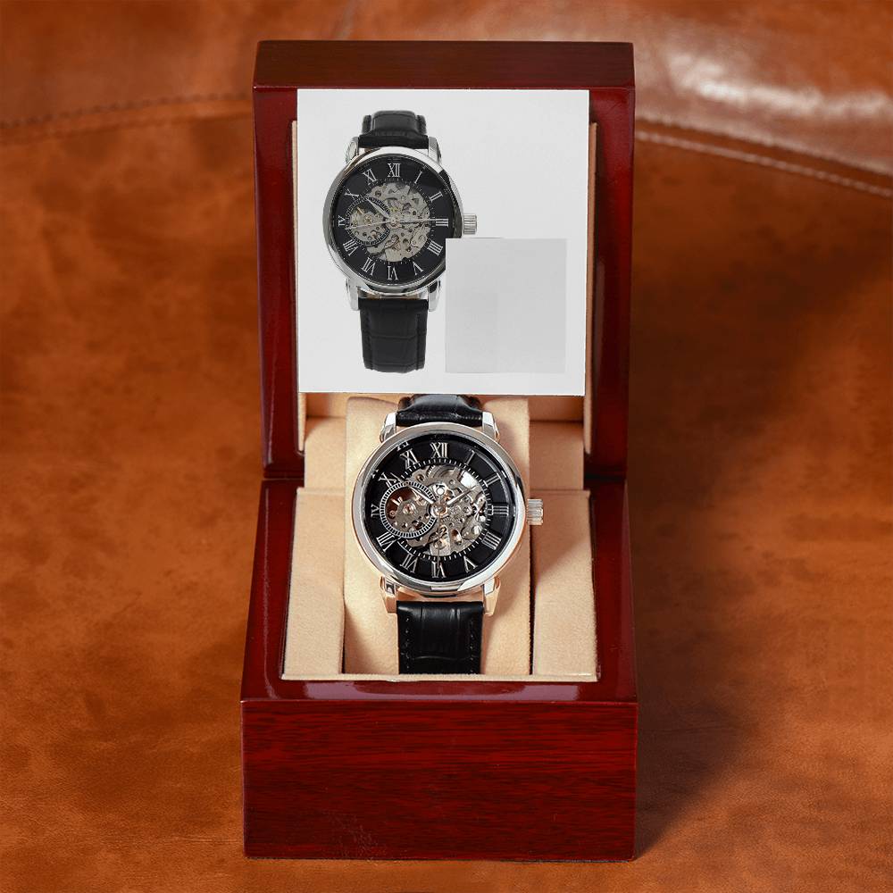 Father's Day Gift - Openwork Watch in mahogany style luxury giftbox w/ LED