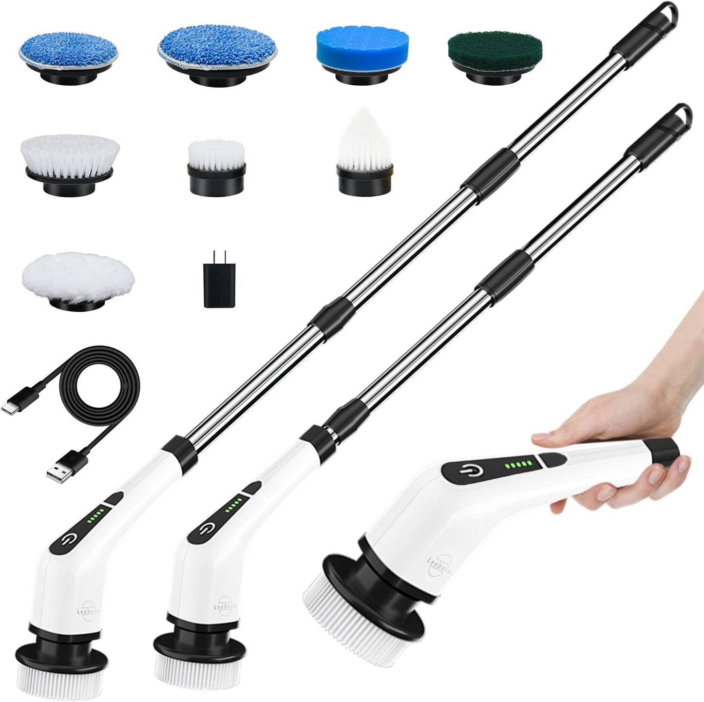 Leebein 2023 Electric Spin Scrubber, Cordless Cleaning Brush with 8 Replaceable Brush Heads, Adjustable Extension Handle, 2 Speeds & Remote Control, Power Cleaning Scrub for Bathroom Floor Tile Car