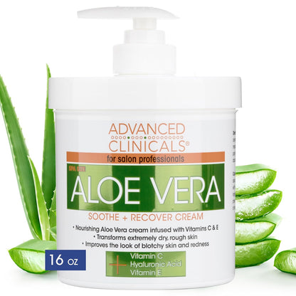 Advanced Clinicals Aloe Vera Lotion for Sun Burn Recovery | After Sun Body Lotion With Vitamin C + Hyaluronic Acid | Damaged Skin Repair Moisturizing Cream | Large 16 Oz