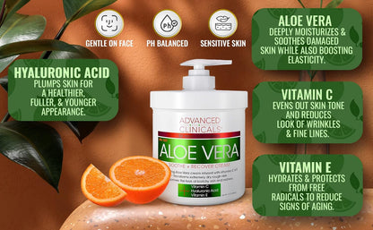 Advanced Clinicals Aloe Vera Lotion for Sun Burn Recovery | After Sun Body Lotion With Vitamin C + Hyaluronic Acid | Damaged Skin Repair Moisturizing Cream | Large 16 Oz